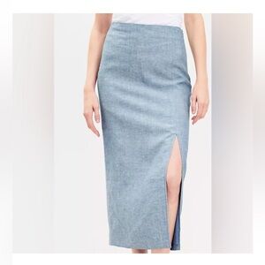 LOFT Light Blue Linen Midi Skirt with Side Slit
